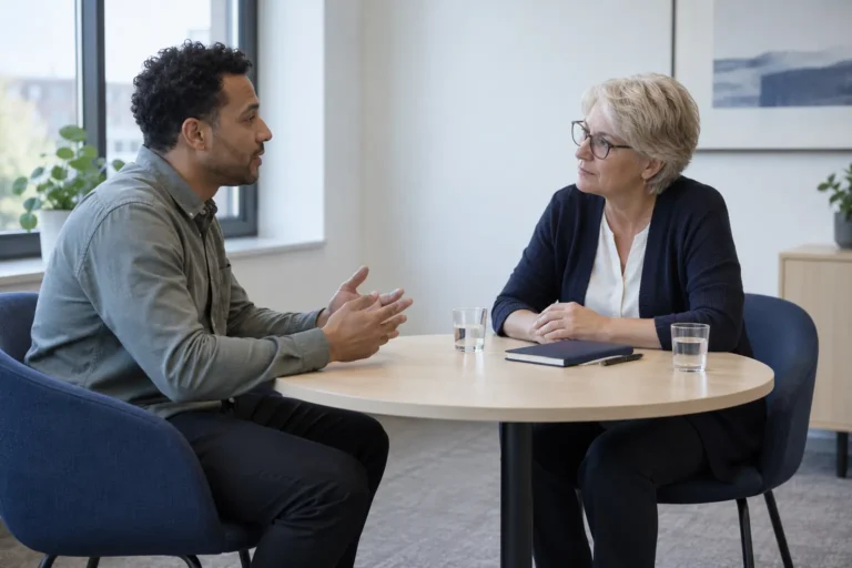 Adviesgesprek aan tafel op kantoor