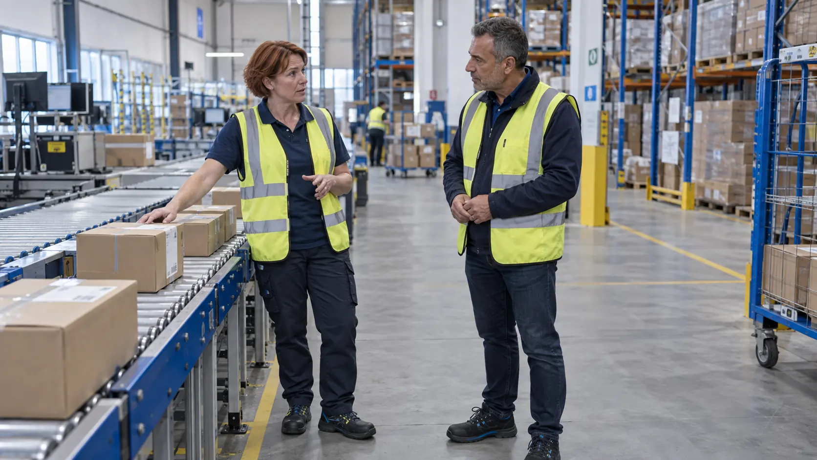 Arbeidsdeskundige en medewerker in een magazijn tijdens een werkplekonderzoek