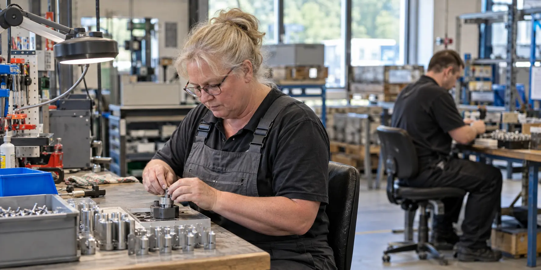 Medewerker aan het werk aan een werkbank in een werkplaats