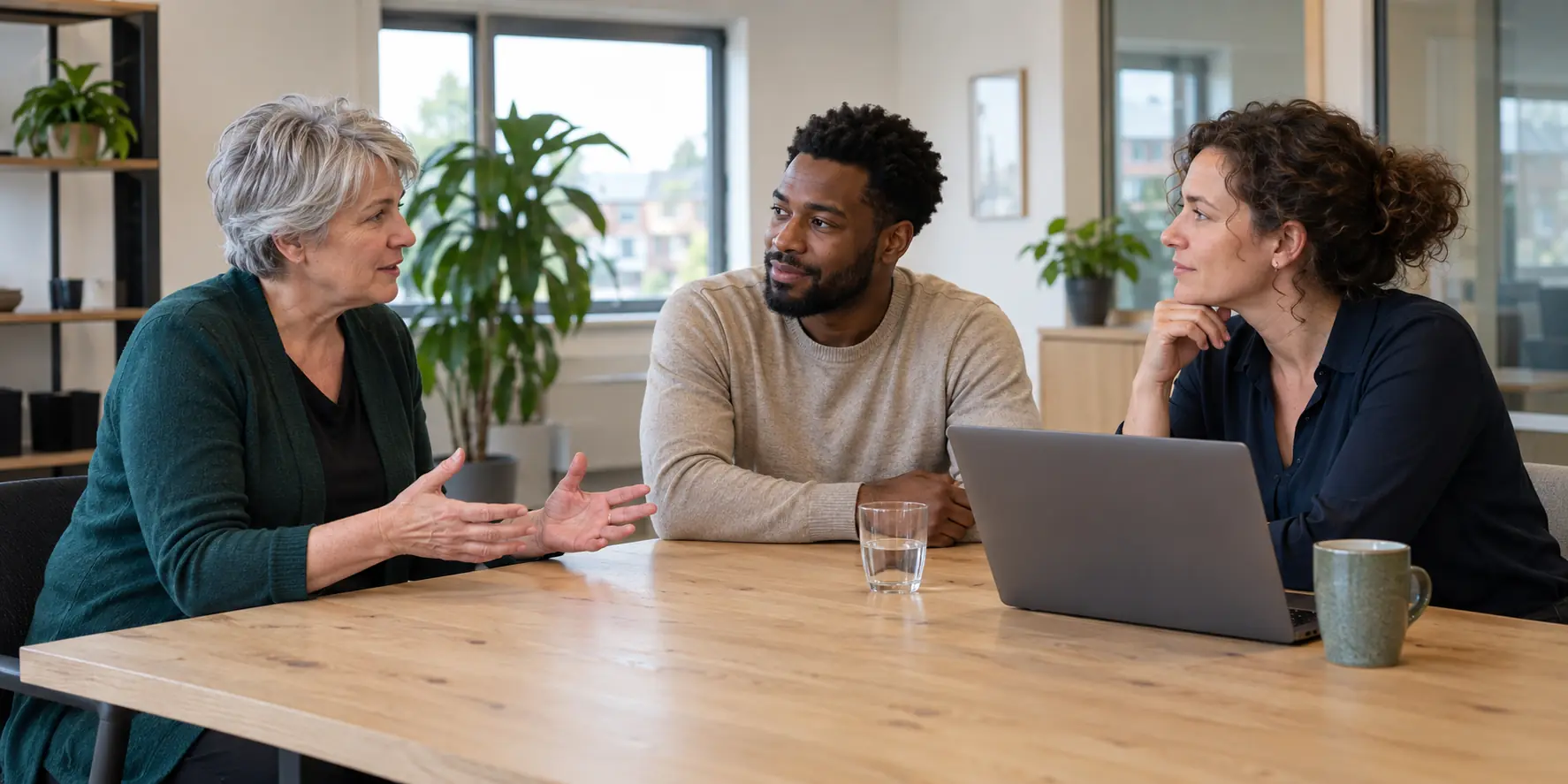 Drie professionals in overleg aan een tafel met laptop