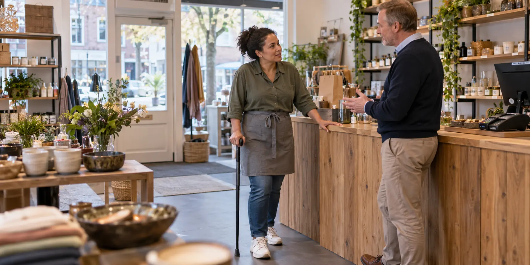 Medewerker in een winkel in gesprek met een leidinggevende over aangepast werk