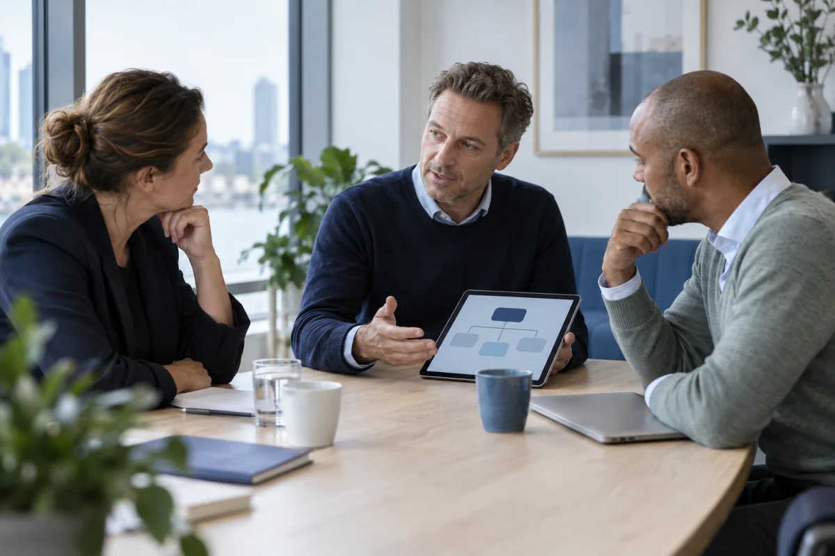 Adviseur beantwoordt vragen van twee gesprekspartners