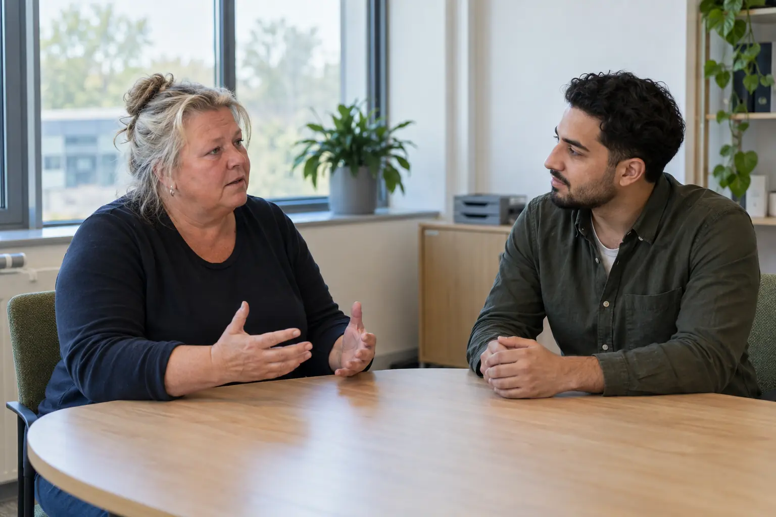 Twee mensen in gesprek aan een ronde tafel op kantoor
