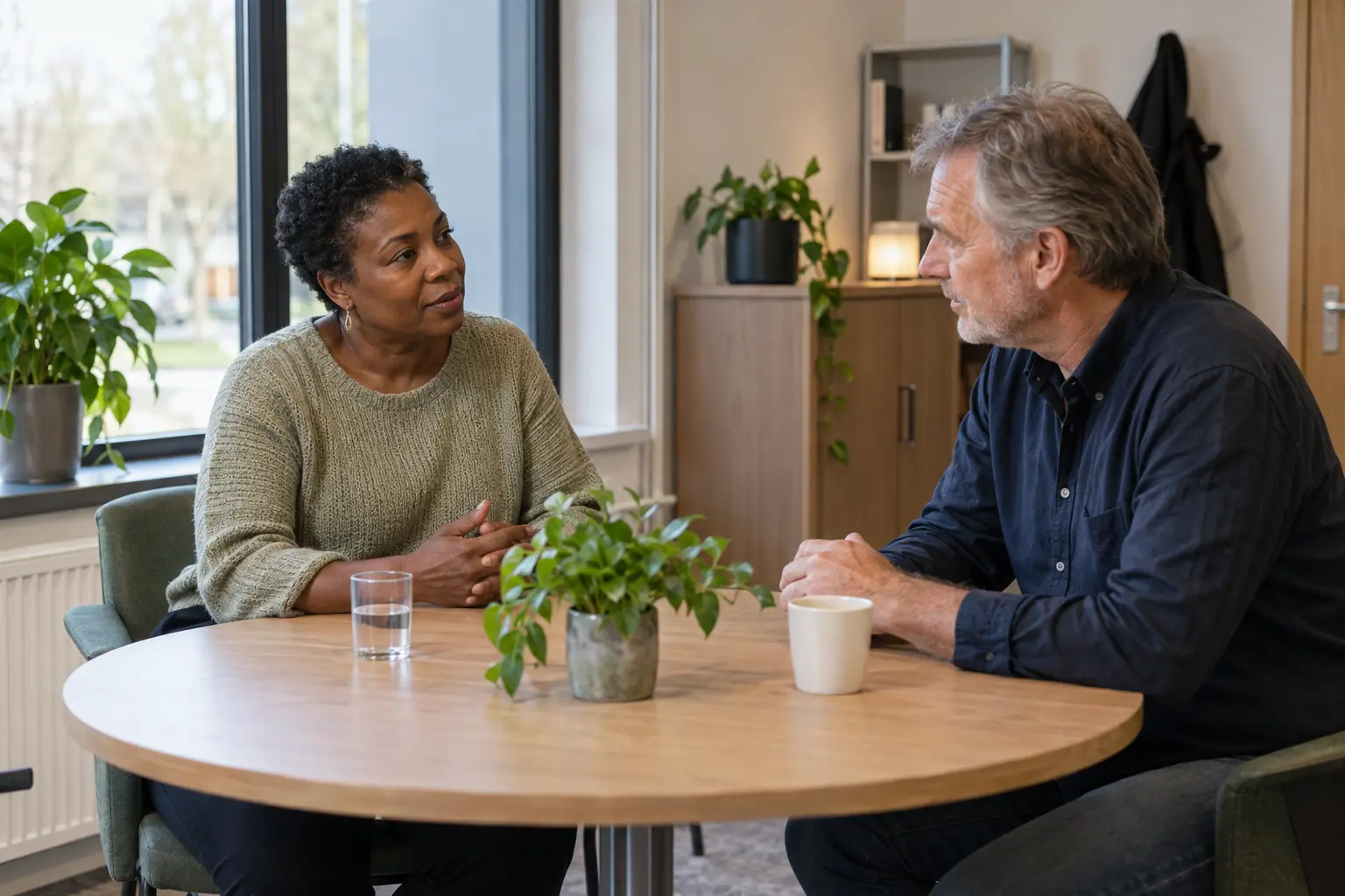 Gesprek bij het raam over de gevolgen van letsel voor het werk