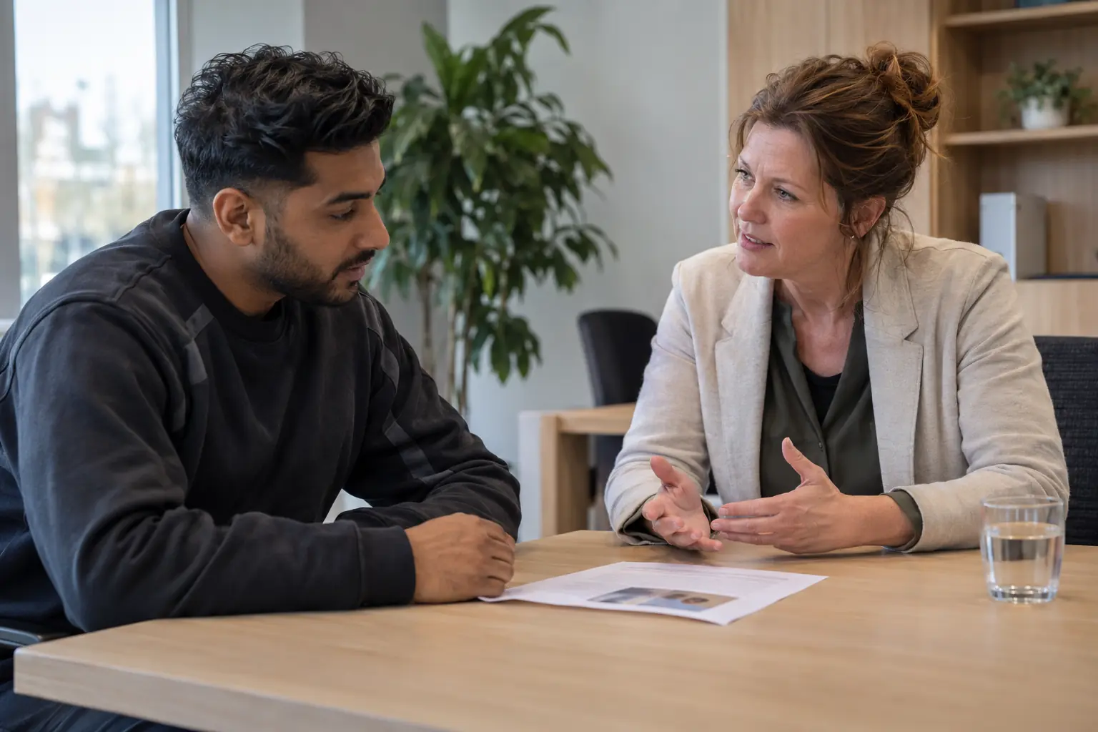 Twee professionals bespreken een document aan tafel